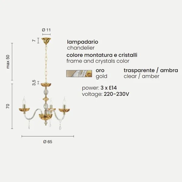 Lampada a sospensione D65 cm PATRICIA in vetro e cristallo Ambra 3 LUCI