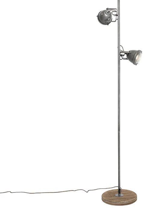 Lampada da terra industriale in acciaio con legno 2 luci - Emado