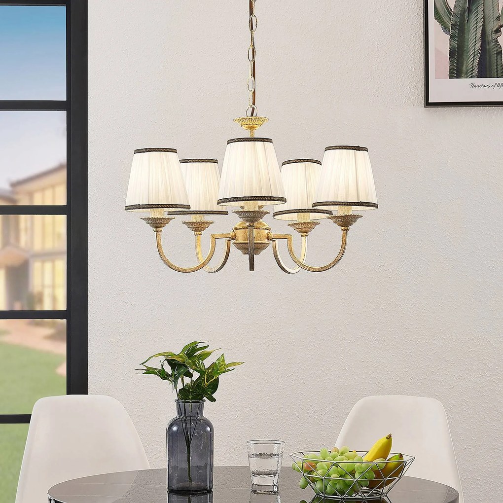 Lampadario Lindby Lumiel, 5 luci, crema/ottone, tessuto