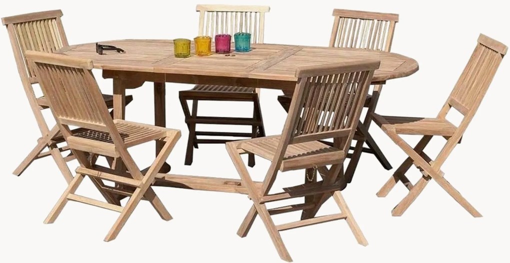 Set da pranzo da giardino in legno di teak Fun con foro per ombrellone, set da 7