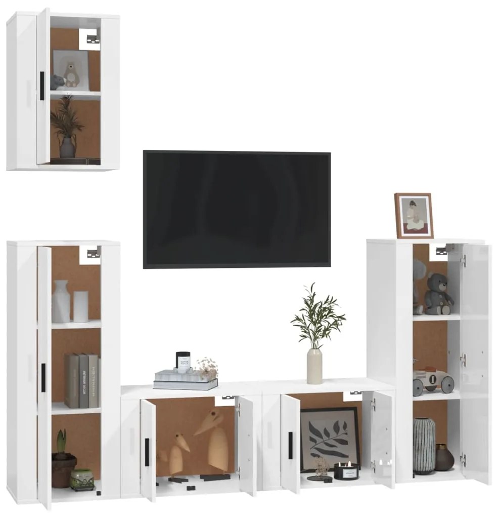 Set di mobili porta tv 5 pz bianco lucido in legno multistrato