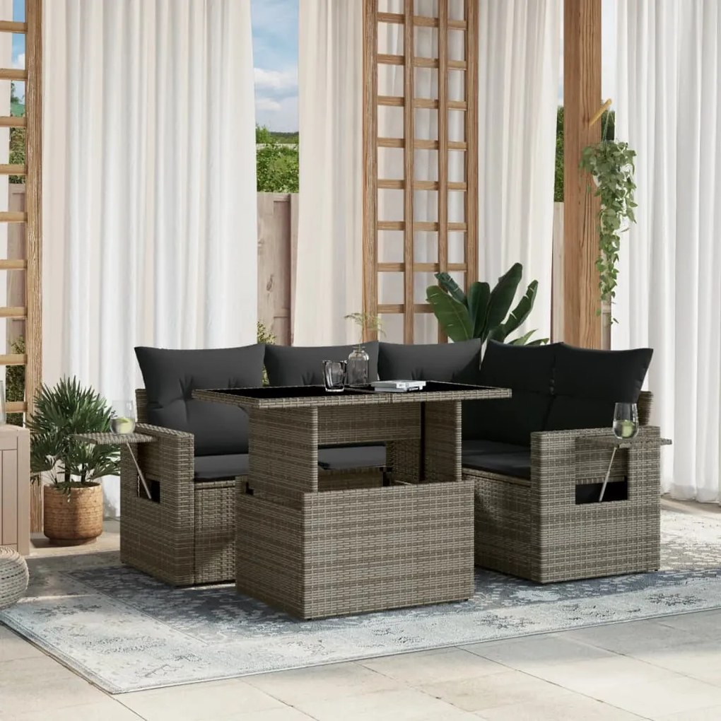 Set divano da giardino 5 pz con cuscini grigio in polyrattan