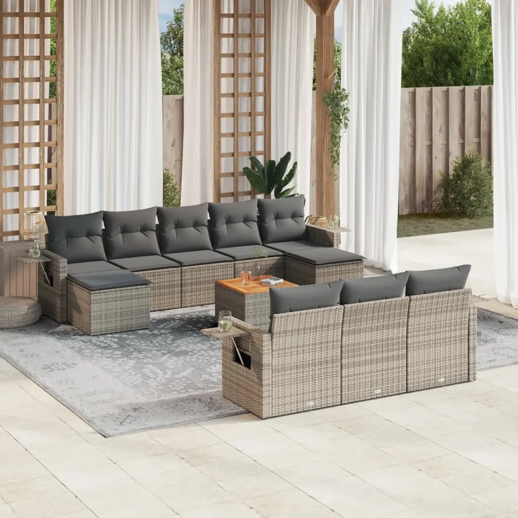 Set divani da giardino 11 pz con cuscini in polyrattan grigio