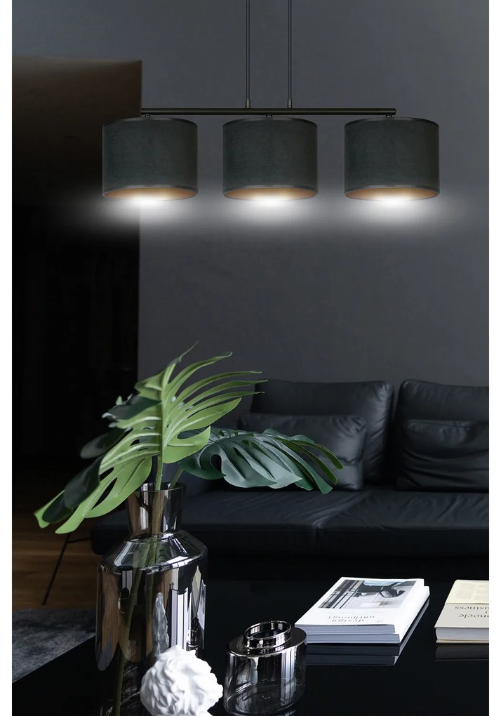 Lampadario 3 Luci Ganesha In Acciaio Nero E Paralumi In Tessuto Nero