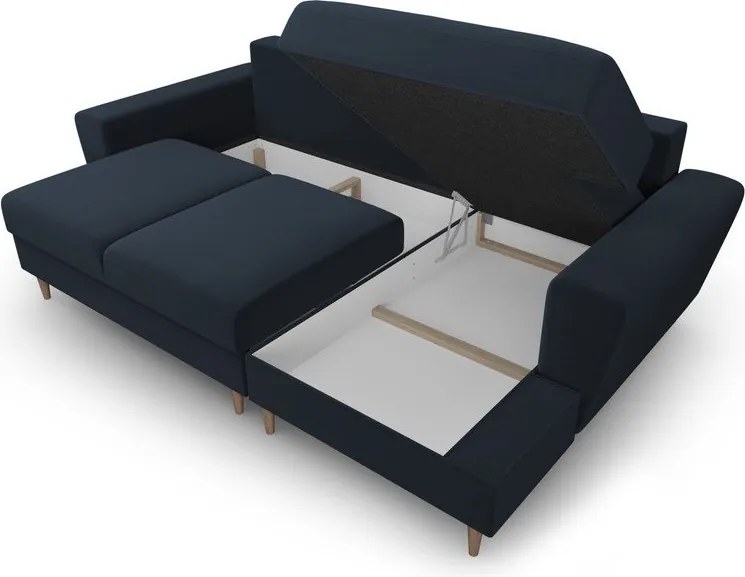 Divano angolare blu scuro allungabile e con contenitore (con penisola a destra/con chaise lounge) con rivestimento in velluto Kyoto – Cosmopolitan Design