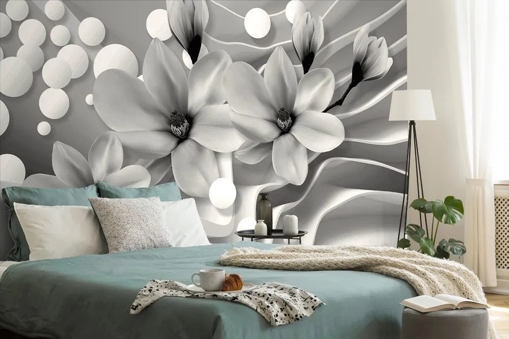 Carta da parati – Magnolia in bianco e nero su sfondo astratto