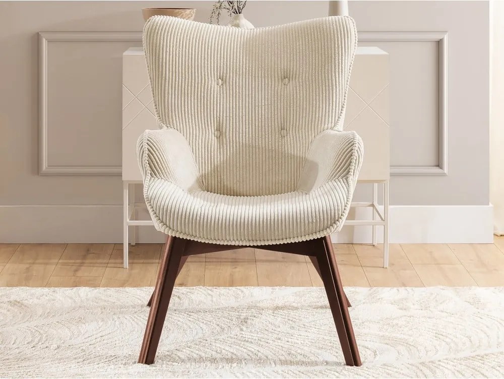 Poltrona beige con rivestimento in velluto a coste Niko – Ropez