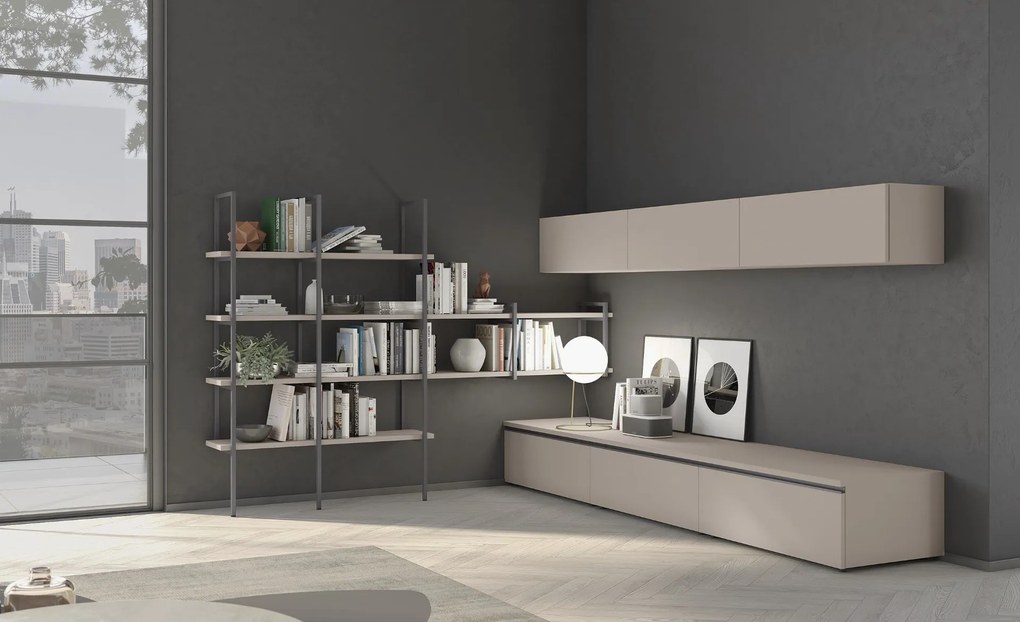 Parete attrezzata con maniglie a gola e libreria con montanti disponibile in vari colori