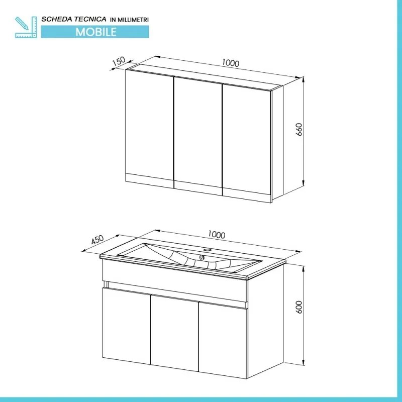 Mobile bagno sospeso 100 cm rovere scuro con specchio contenitore Mona