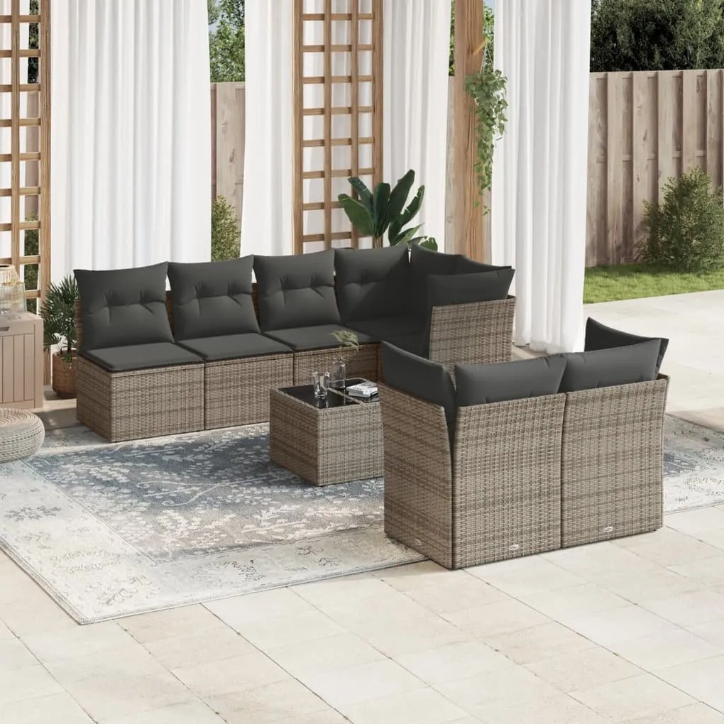 Set divano da giardino 8 pz con cuscini grigio in polyrattan