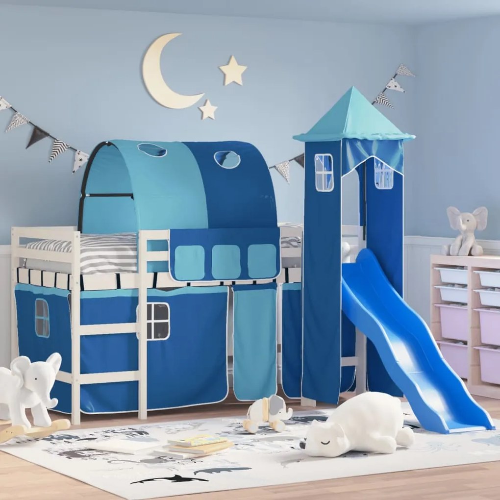 Letto A Soppalco Con Torre Bambini Blu 80x200cm Massello Pino /