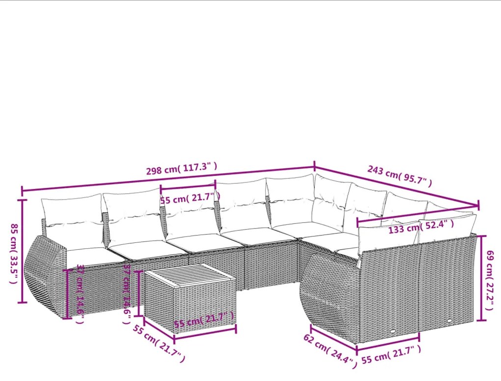 Set Divano da Giardino 10 pz con Cuscini Beige in Polyrattan