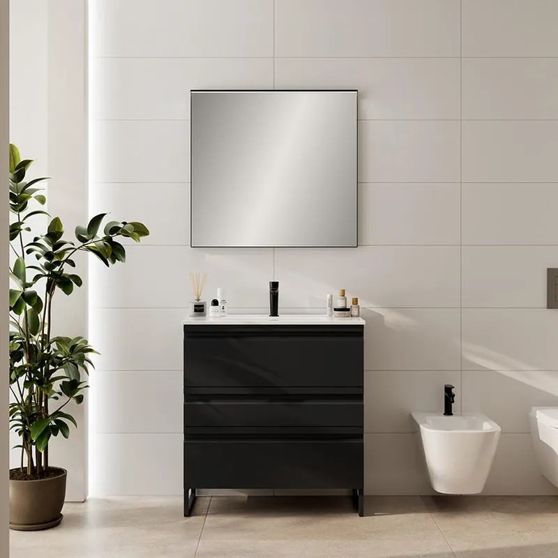 Mobile bagno sospeso con lavabo L80 x H56 x P39 cm grafite in mdf 3 cassetti per vasca centrale Pull, piedini non inclusi