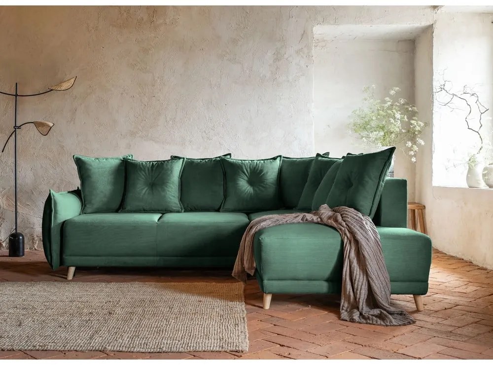 Divano letto in velluto a coste verde (angolo destro) Lazy Lukka - Miuform