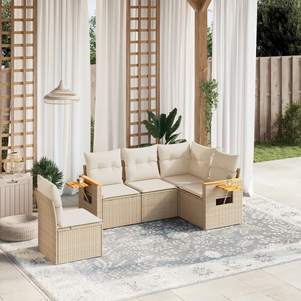 Set Divano da Giardino 5 pz con Cuscini Beige in Polyrattan