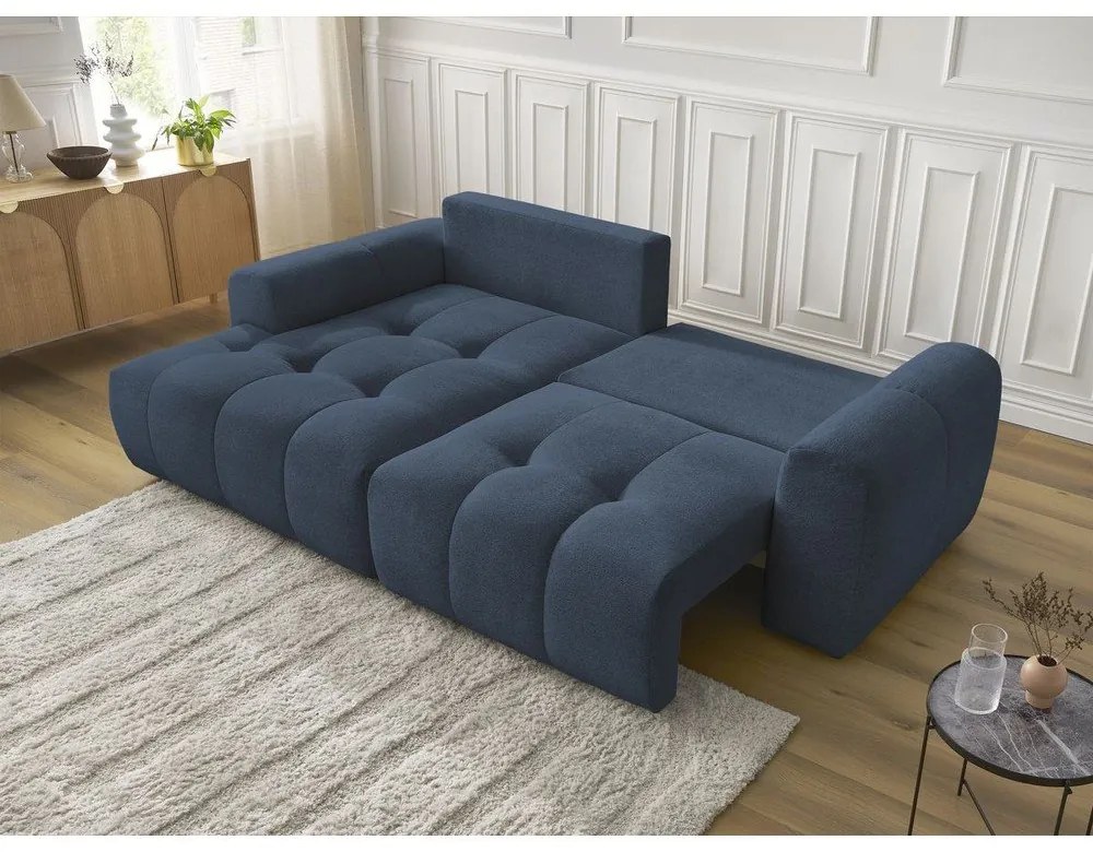 Divano angolare blu allungabile/con contenitore (con penisola a sinistra/con chaise lounge) con rivestimento in ciniglia Roxelane – Bobochic Paris