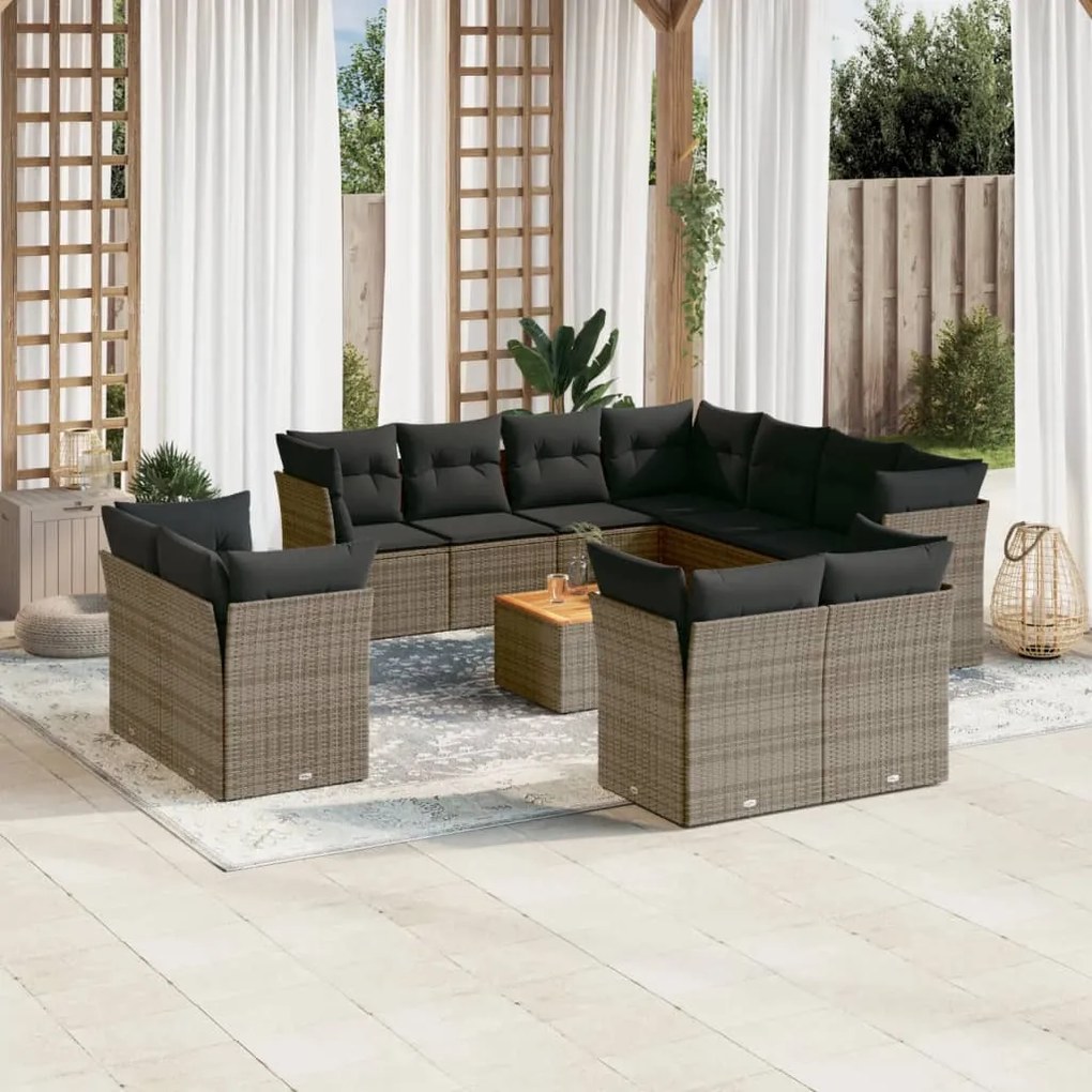 Set divani da giardino 12 pz con cuscini grigio in polyrattan