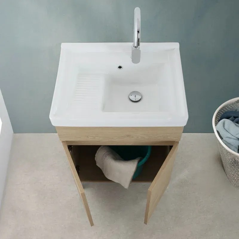 Mobile lavatoio 60x46,8 cm rovere dolomite con vasca in ceramica bianca