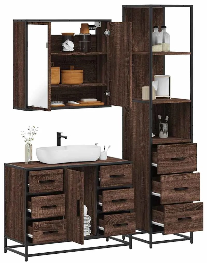 Set Mobili Da Bagno 3 Pz Rovere Marrone İn Legno Multistrato /