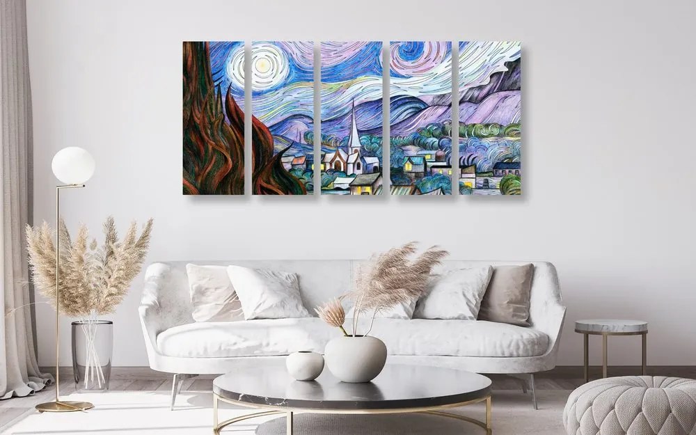 Quadri 5 pezzi – Riproduzione Notte stellata - Vincent van Gogh