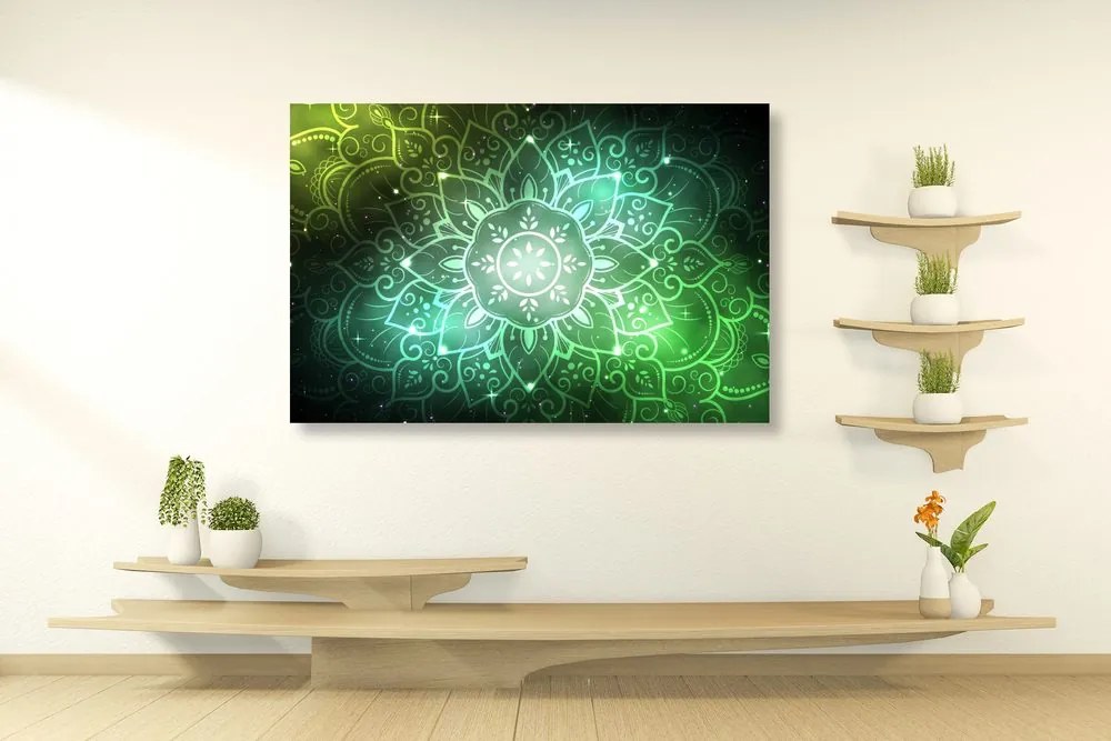 Quadro su tela – Mandala con sfondo galattico in sfumature di verde