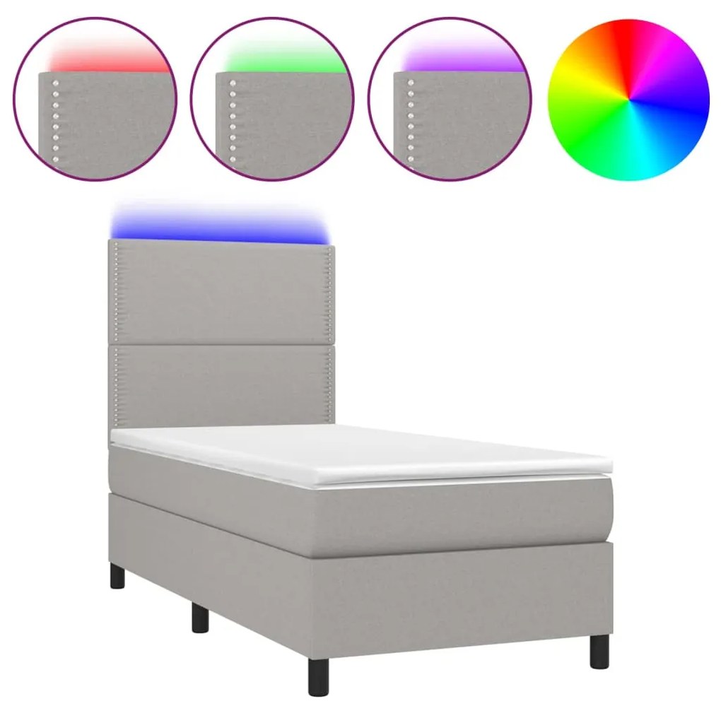 Letto a molle materasso e led grigio chiaro 90x200 cm tessuto