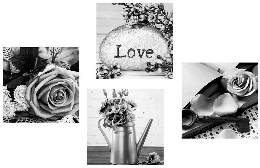 Set di quadri – Natura morta vintage in bianco e nero con scritta Love