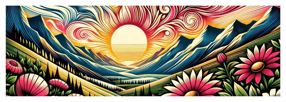 Quadro su tela – Paesaggio solare con fiori e montagne