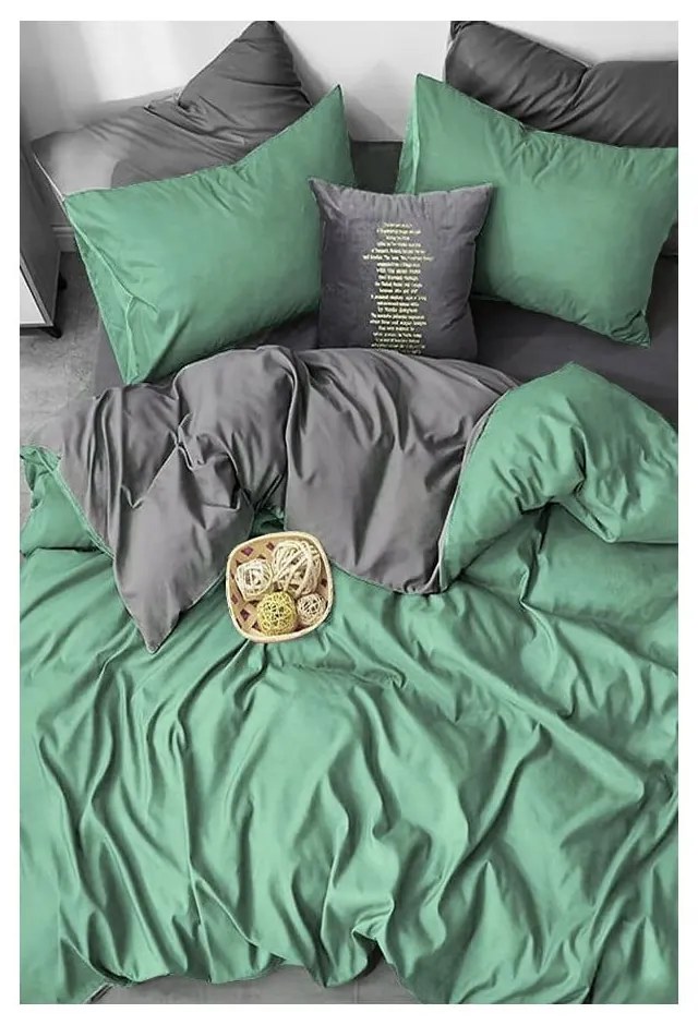 Biancheria da letto matrimoniale verde e grigio in cotone Renforcé con un lenzuolo 4 pezzi 200x220 cm - Mila Home