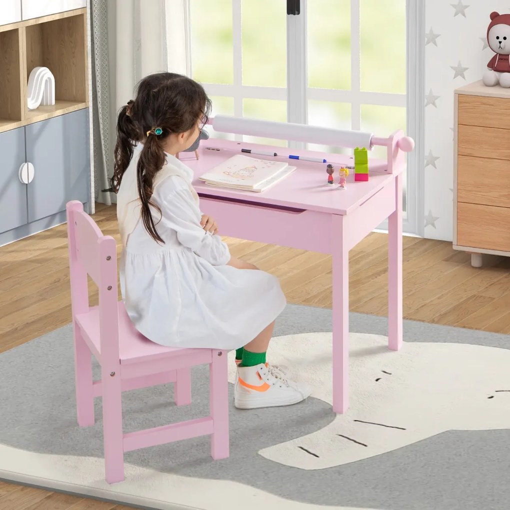 Costway Tavolo per bambini con sedia vano portaoggetti e portarotolo per disegnare giocare, Set di tavolino con sedia Rosa