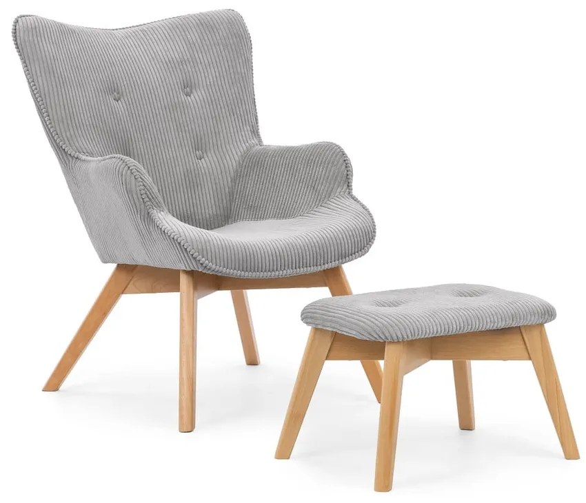 Poltrona con poggiapiedi grigia con rivestimento in velluto a coste Niko – Ropez