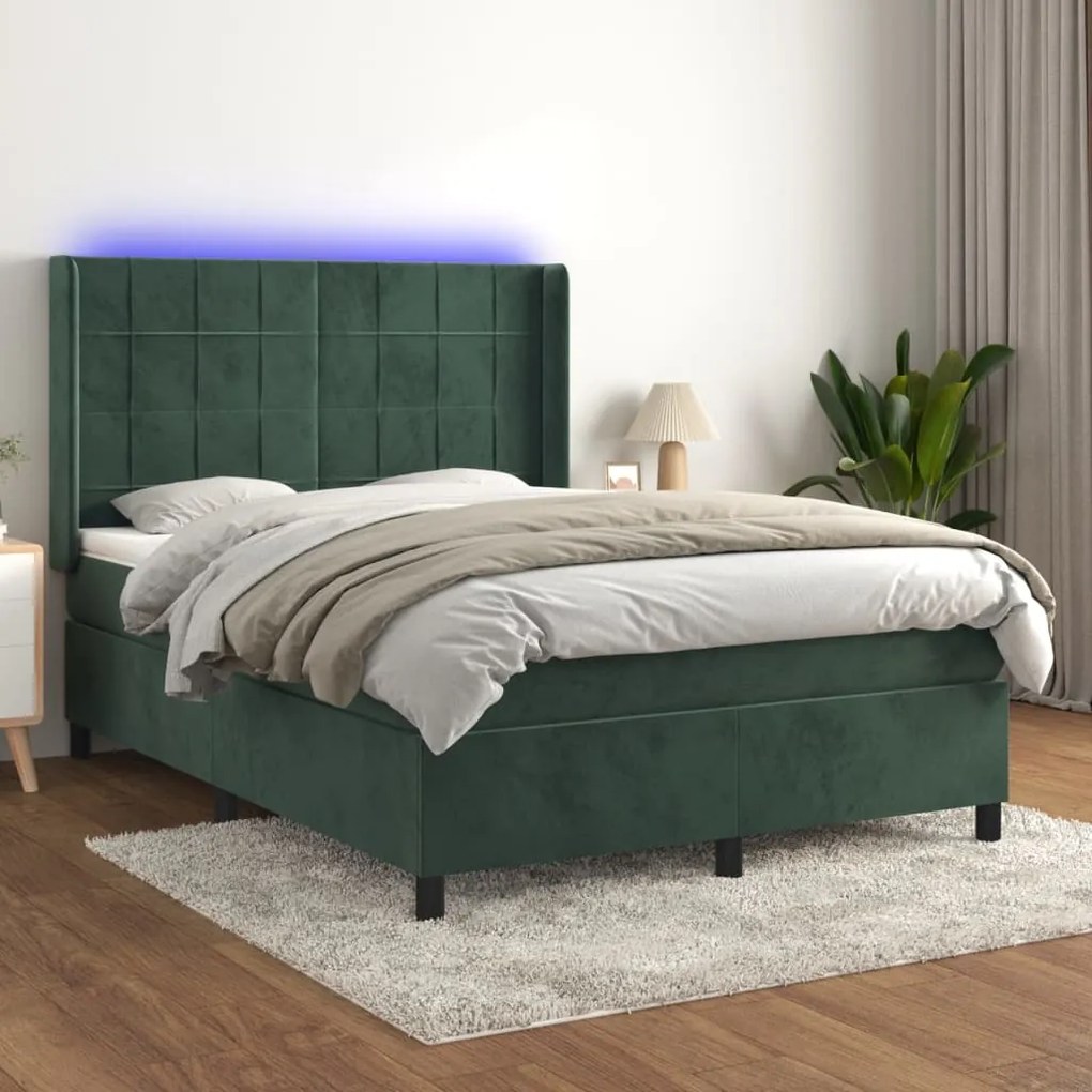 Letto A Molle Con Materasso E Led Verde Scuro 140x200cm Velluto /
