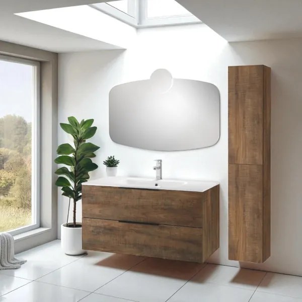 Mobile da bagno sospeso 100 cm BALI tabacco e specchio con applique LED