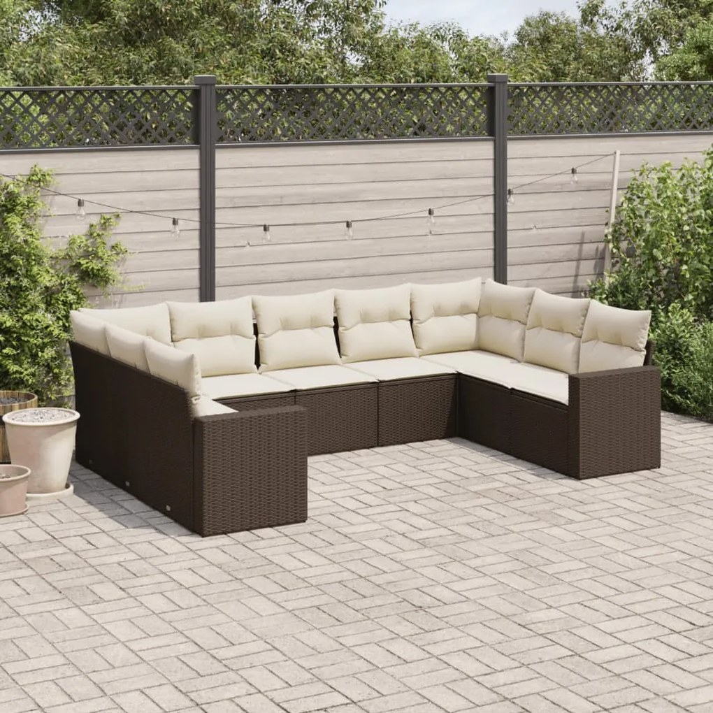 Set divani da giardino 9pz con cuscini marrone in polyrattan