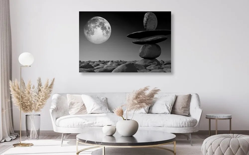 Quadro su tela – Pietre impilate alla luce della luna in bianco e nero