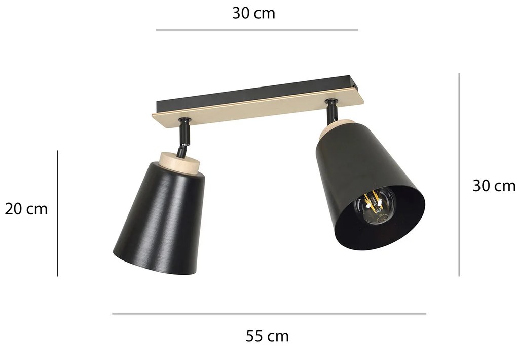 Plafoniera Faretti Spot Orientabili 2 Luci Xiwangmu Acciaio Nero E Legno Naturale