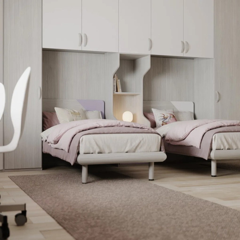 Cameretta David linea Fly finitura Cenere Wood, Bianco e Malva