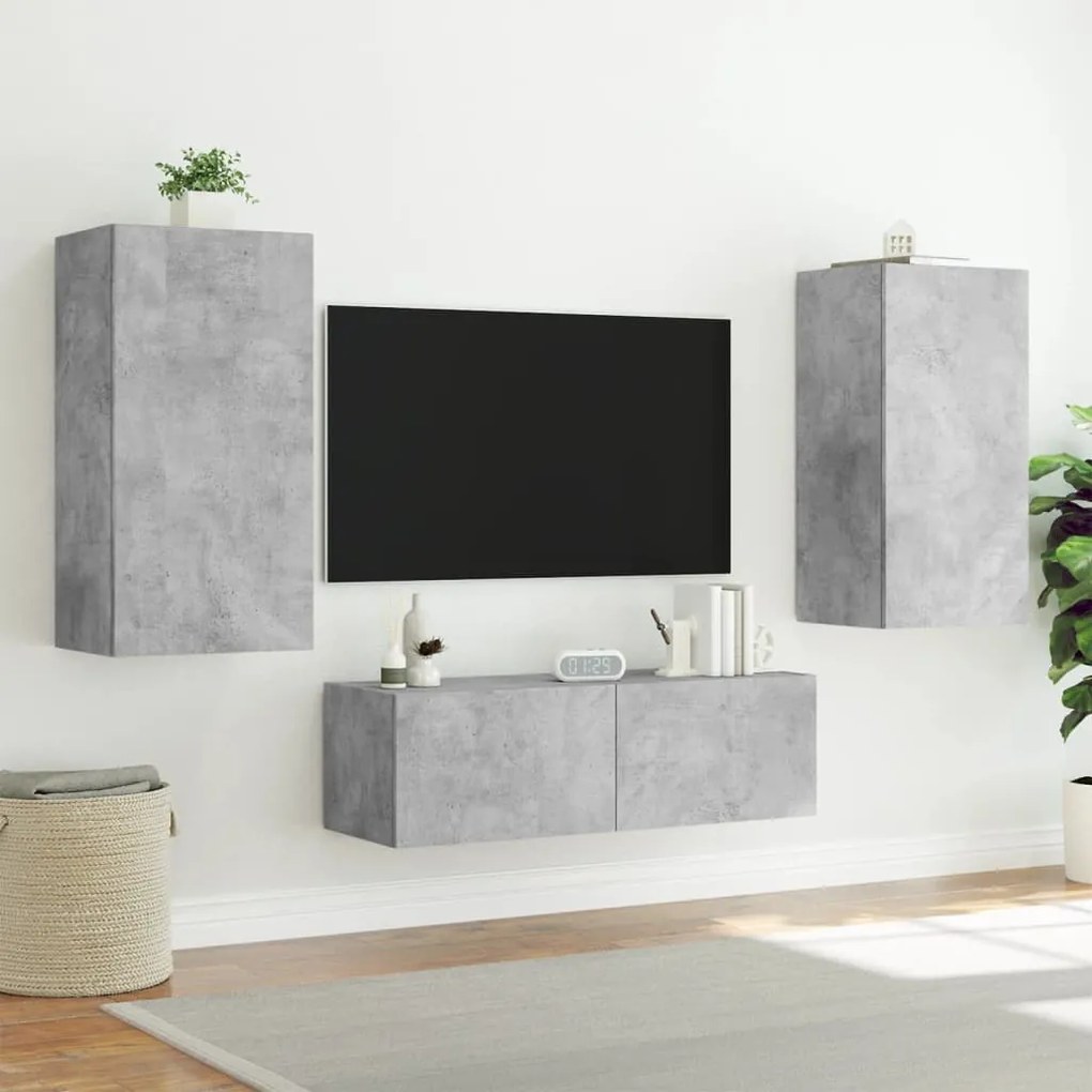 Mobili tv a muro 3pz con luci led grigio cemento