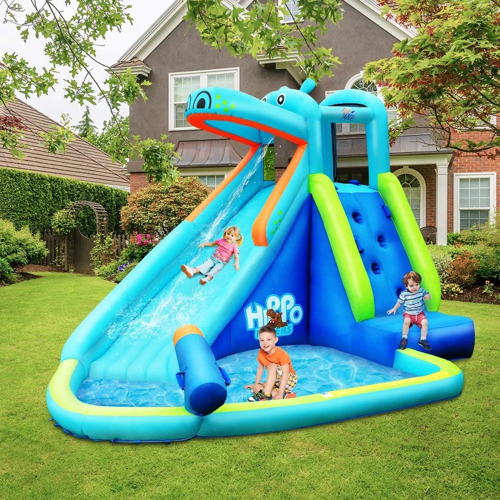 Costway Scivolo d'acqua gonfiabile a forma di ippopotamo con piscina per bambini da gioco esterno 3,5x3x2,25m Blu