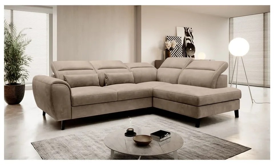 Divano angolare marrone chiaro allungabile/con contenitore (con penisola a destra/a L) e rivestimento in velluto Noble – ELTAP