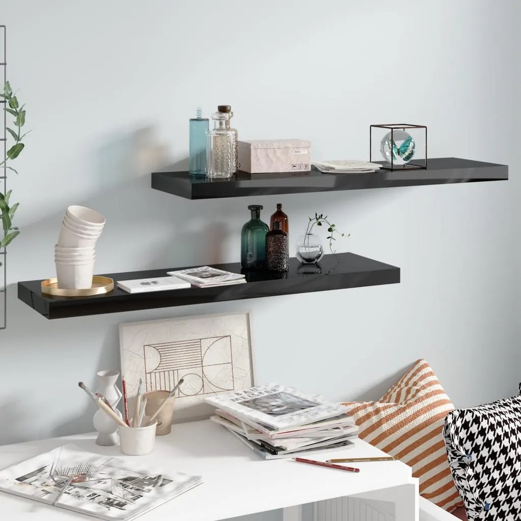 Scaffali A Parete 2 Pz Nero Lucido 90x23,5x3,8 Cm İn Mdf /