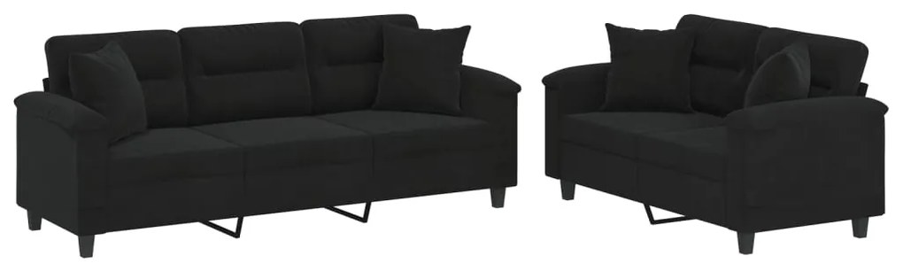 Set divani 2 pz con cuscini nero in tessuto microfibra