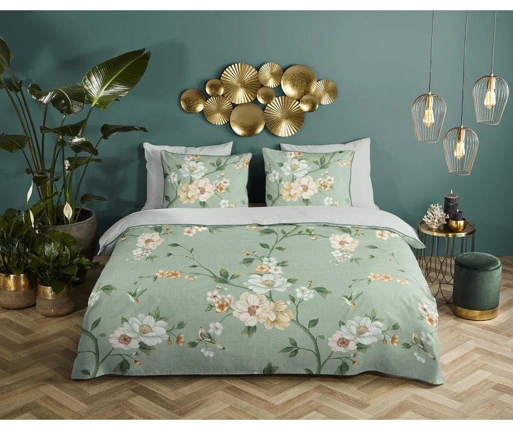 Set copripiumino e federa verde in raso di cotone per letto matrimoniale ed esteso 200x220 cm Sizena – Descanso