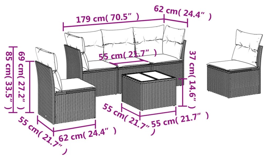 Set divano da giardino 6pz con cuscini grigio chiaro polyrattan