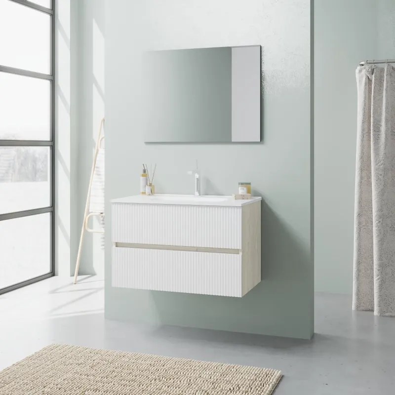 Mobile bagno con lavabo e specchio L 80.2 x H 50.6 x P 44 cm Bianco Lucido, Rovere Ice 2 cassetti per vasca centrale Santorini