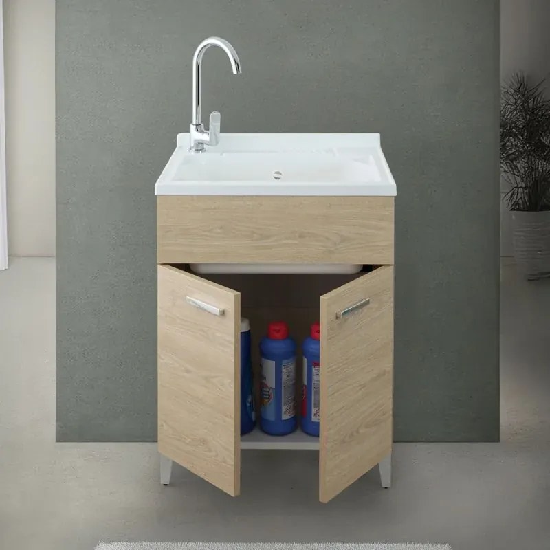 Mobile lavatoio 60x50 cm rovere con vasca in resina e asse lavapanni