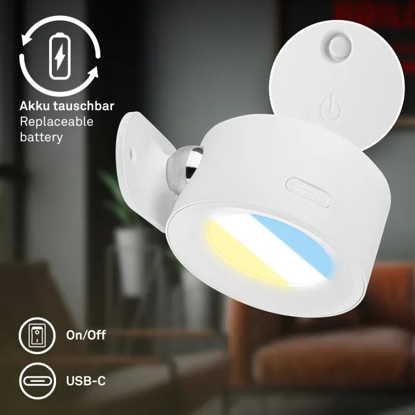 Briloner 3896016 - Lampada da parete LED ricaricabile e dimmerabile TARI, 1,6W/5V, 1500 mAh, bianco
