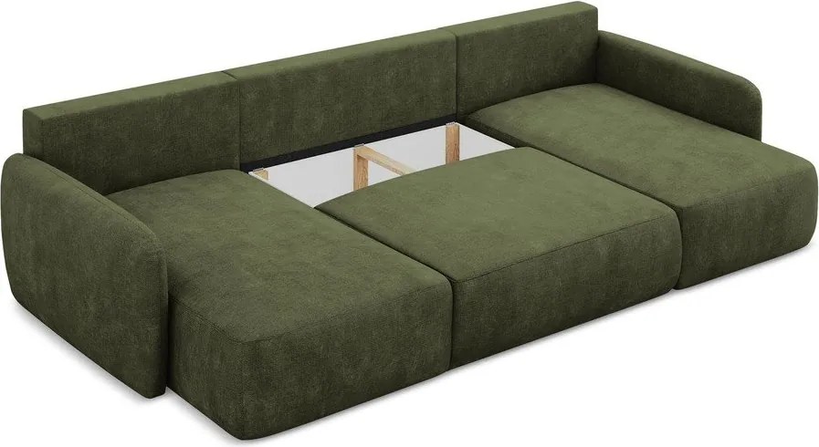 Divano angolare verde allungabile/con contenitore (a U) con rivestimento in ciniglia Lilo – Makamii