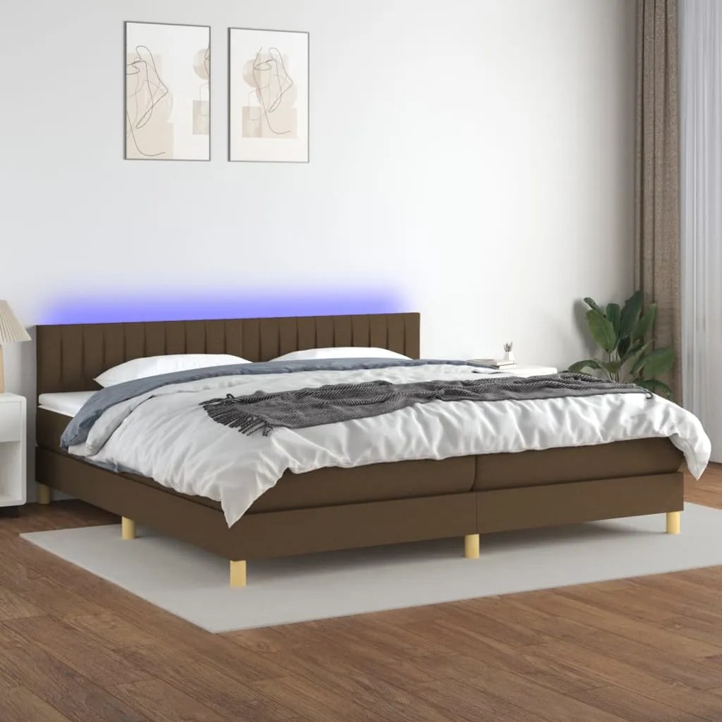 Letto a molle materasso e led marronescuro 200x200cm in tessuto