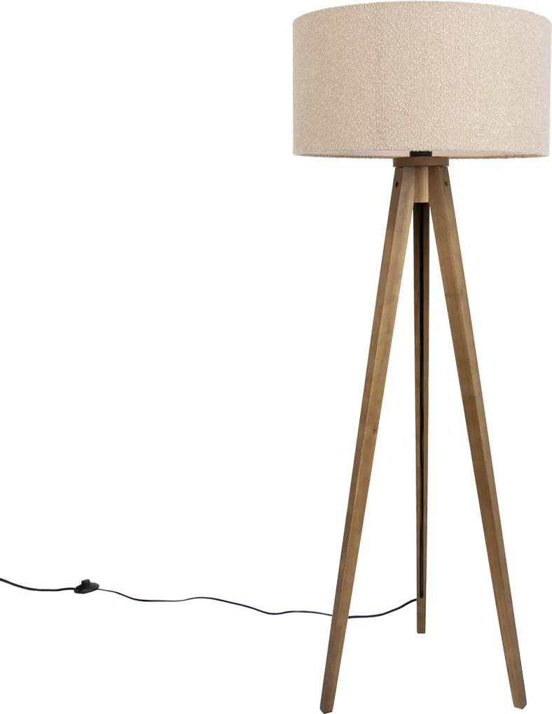 Lampada da terra in legno con paralume in tessuto teddy beige 50cm - Tripod Classic